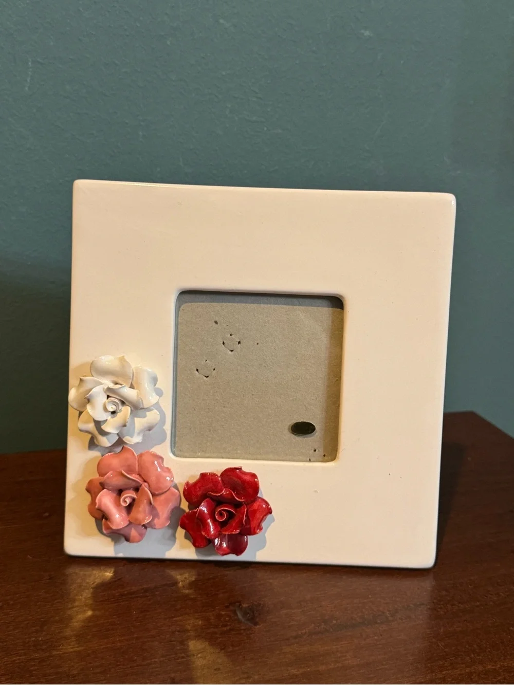 Ceramic Floral Square Photo Frame in Cream with Pink & Red Blooms fits 3” pic